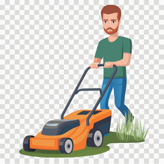 Man and woman cleaning house, boy mowing lawn