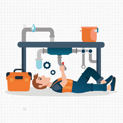 Cartoon vector illustration of a plumber character at work with a wrench and plunger, a perfect business icon