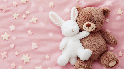 Fototapeta premium A teddy bear and a white bunny plush toy on a pink star patterned blanket background close up view