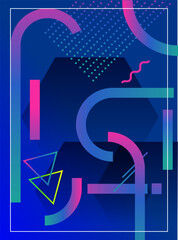 Vibrant abstract graphic with neon-outlined rounded rectangles and triangles on deep navy blue background, featuring gradients, turquoise dots, subtle shadows, and white border