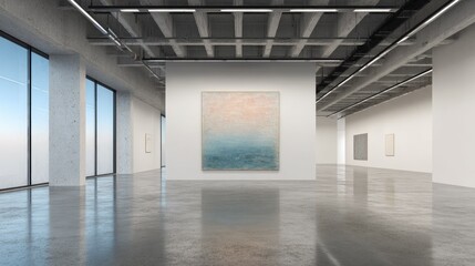 Modern art gallery, concrete floors, large windows