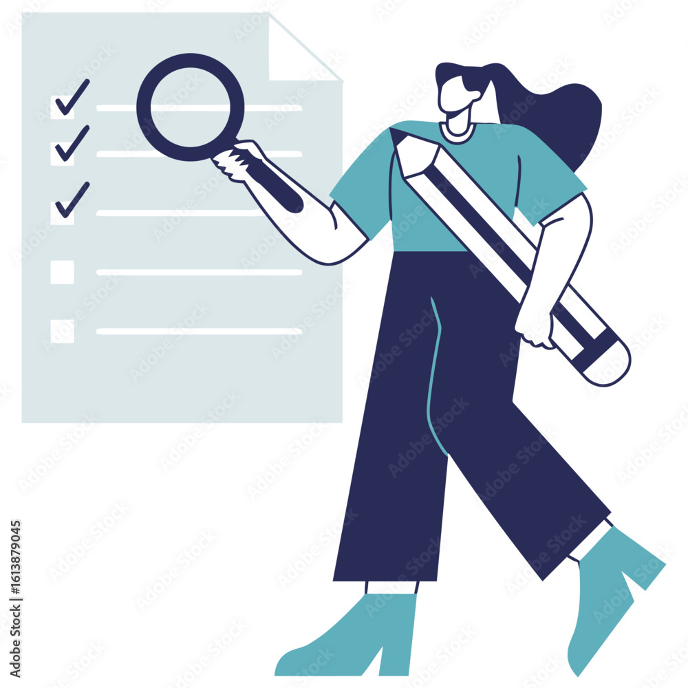 Poster diligent professional meticulously reviews project checklist with magnifying glass and large pencil,