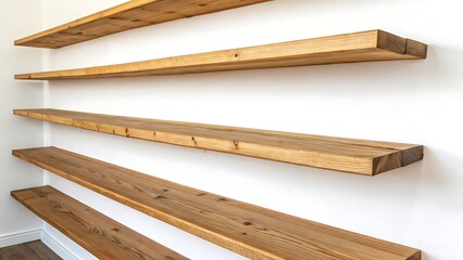 Collection of wooden shelves isolated on white background. Minimalist storage and display furniture. AI GENERATED.