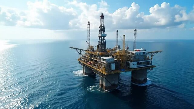 Massive offshore oil rig operates in deep blue ocean under dynamic cloudy sky