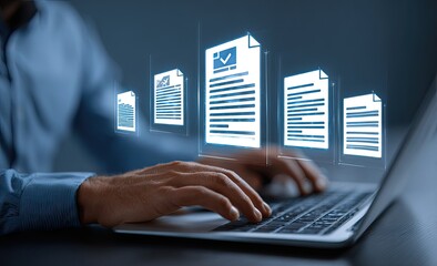 Person using laptop with document icons overlay