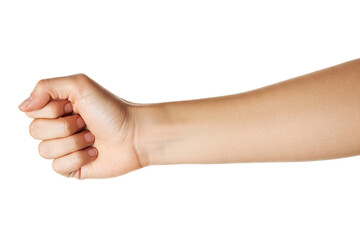 Clenched Fist and Forearm: A Close-Up of a Light-Skinned Hand Firmly Closed, Extending from a Forearm, Isolated on a White Background