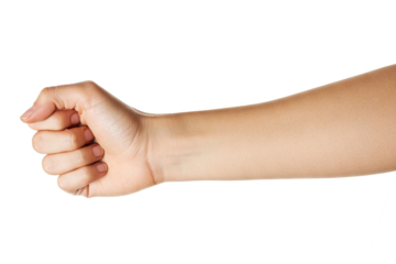 Clenched Fist and Forearm: A Close-Up of a Light-Skinned Hand Firmly Closed, Extending from a Forearm, Isolated on a White Background
