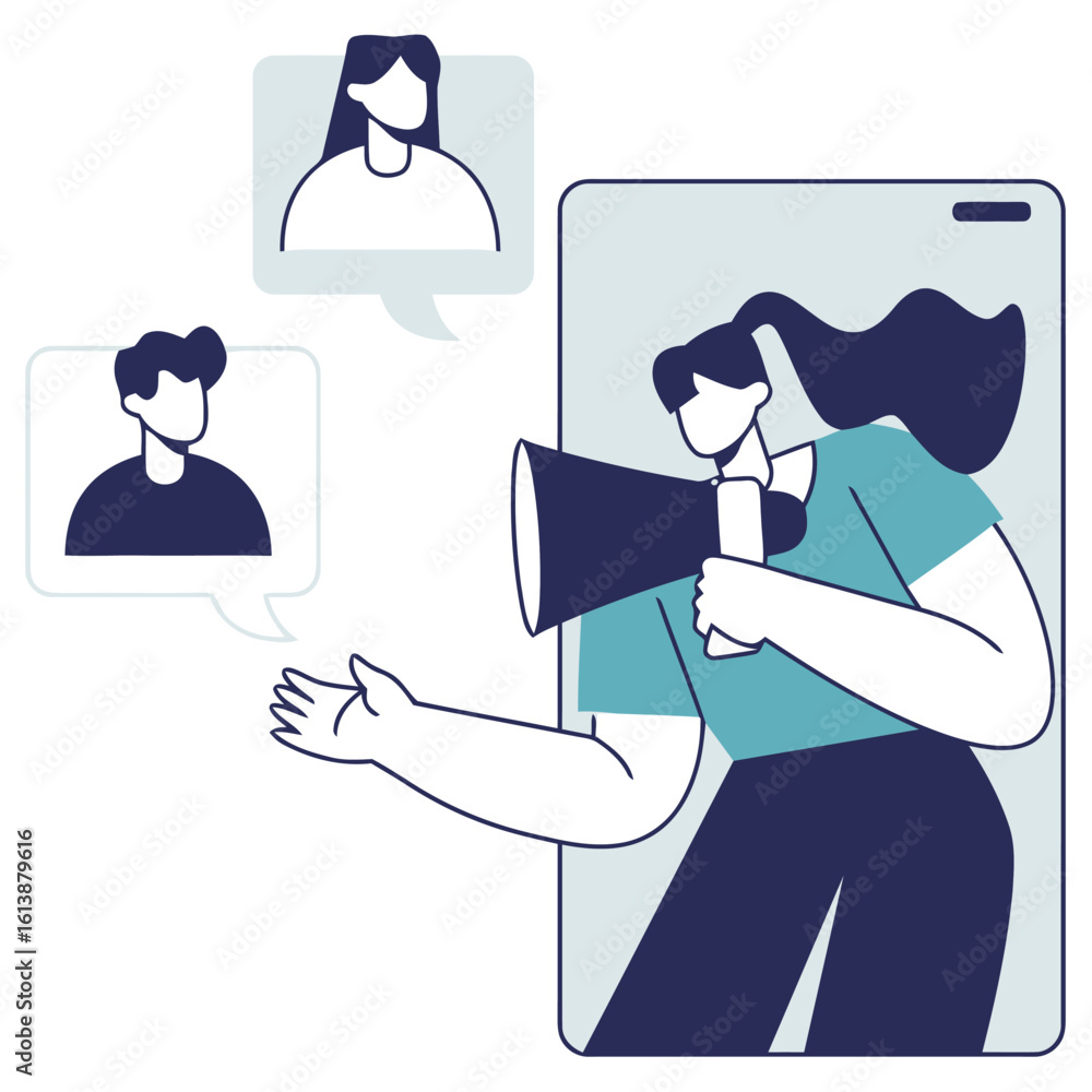 Poster dynamic businesswoman broadcasting message with megaphone on mobile screen engaging distant audience