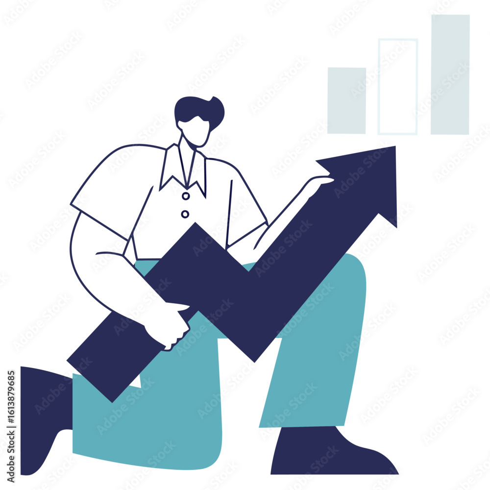 Poster dynamic businessman guiding upward growth arrow and charting progress with rising bar graph visualiz