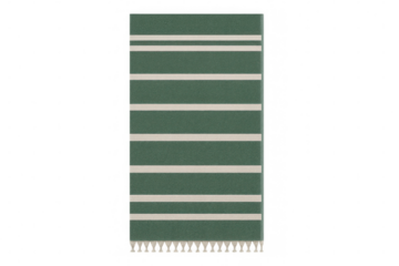 Green striped beach or bath towel with tassels isolated on transparent background, perfect for summer vibes and relaxation
