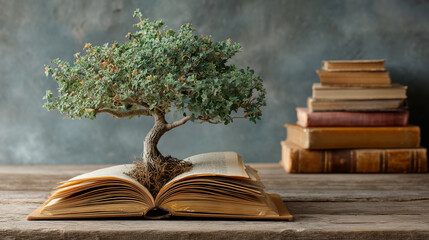 Tree Growing From Book With Stack Of Books On Wooden Surface Still Life