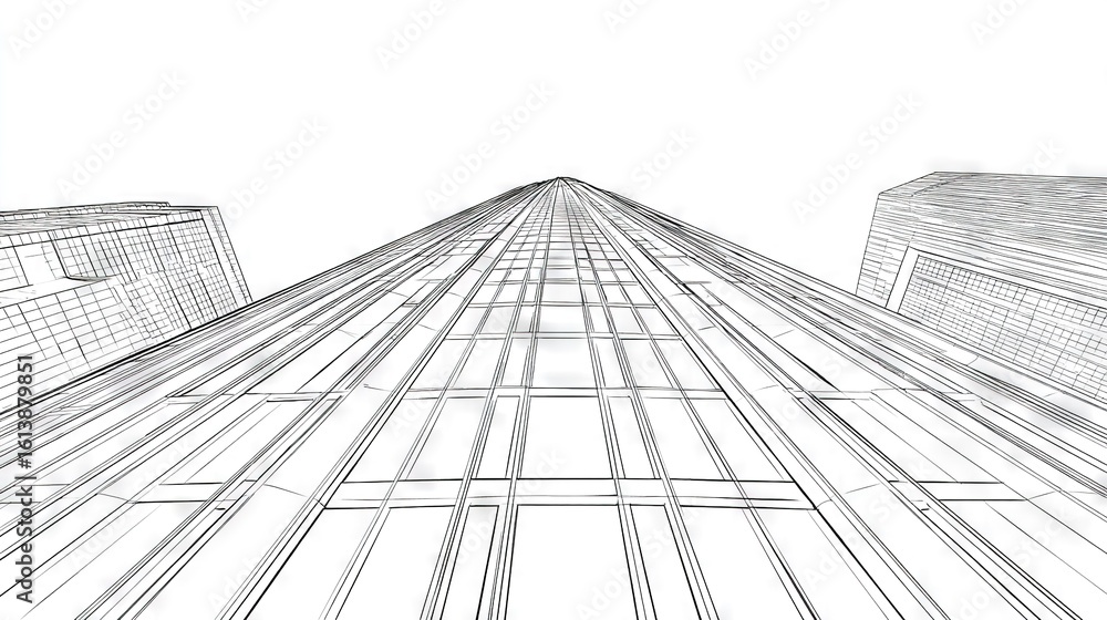 Poster a monochromatic image of a towering structure featuring stripes along its sides and an impressive sk