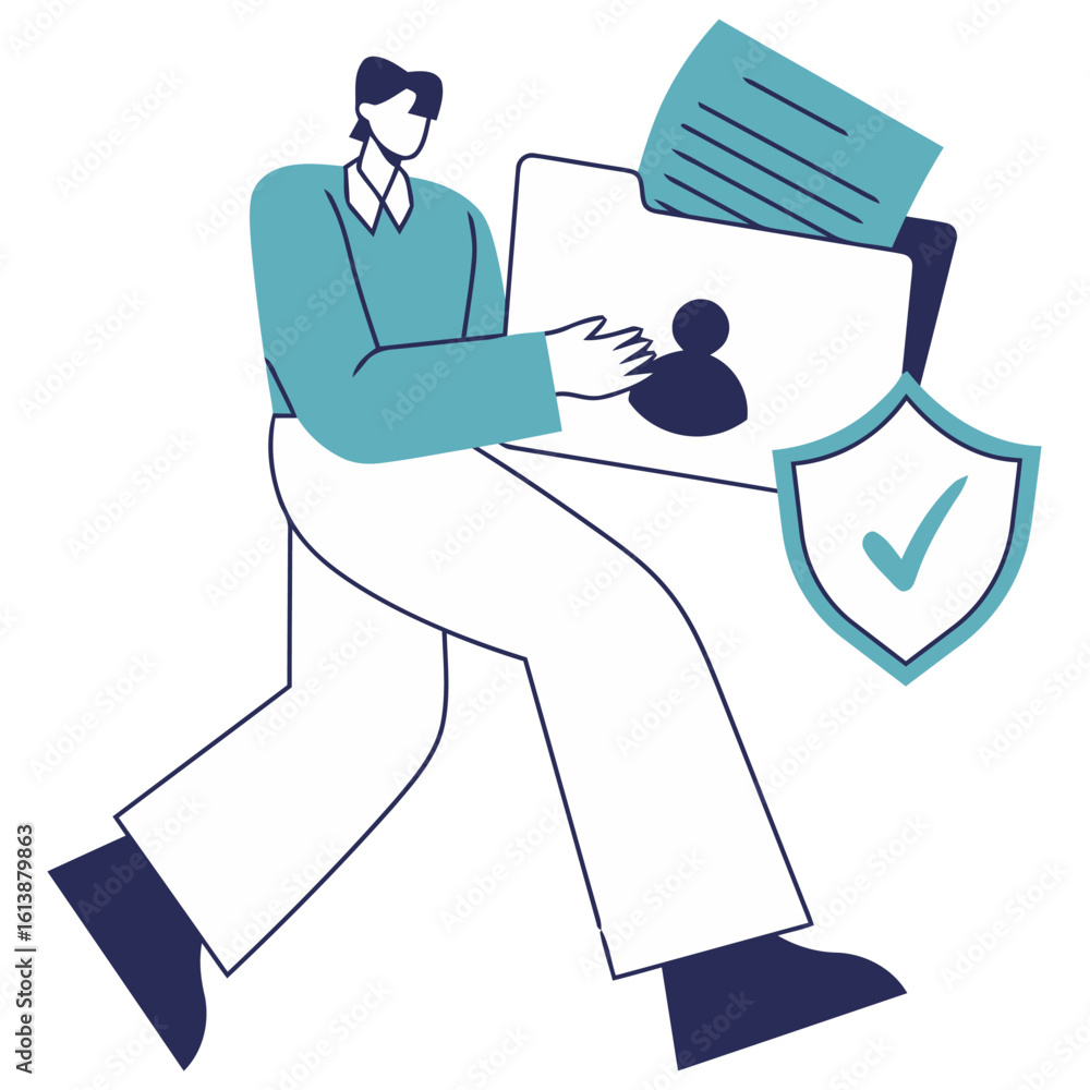Poster confident professional carrying secure digital data folder with shield icon symbolizing data protect