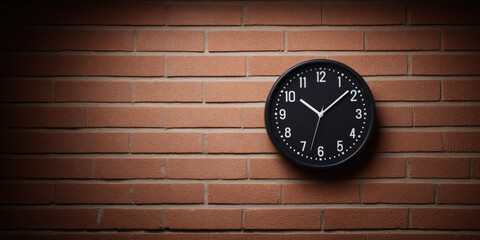 A round black clock with white numbers is mounted on a red brick wall, showing the time at three o'clock. Timekeeping concept, minimalist design