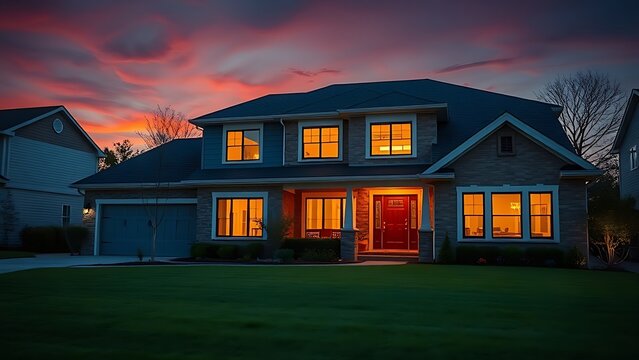 Suburban home glowing with warm interior lights at dusk, clean architecture against twilight.