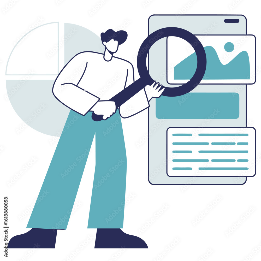 Poster dynamic researcher meticulously analyzing data charts and digital content with a magnifying glass, r