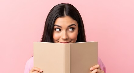A young woman smiles while reading a book against a pink background