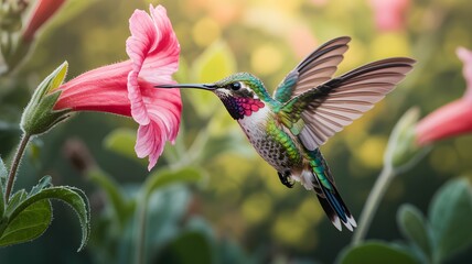 Naklejka premium Hummingbird Feeding on Pink Flower