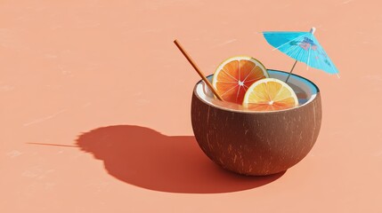 Refreshing tropical drink in coconut shell with citrus slices and small umbrella for summer vacation vibes