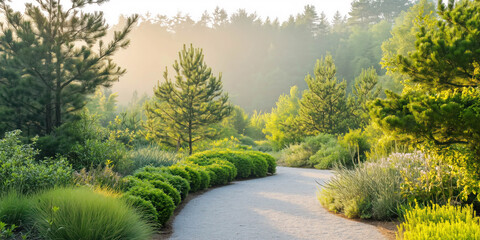 A peaceful conifer garden with trimmed pine and juniper bushes. A soft gravel path winding through, early morning mist.