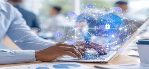 Person working on a laptop with a global security network overlay