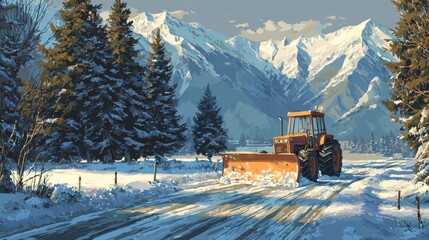 Naklejka premium Snowplow tractor clears snowy road through winter landscape with majestic mountains and evergreen trees around