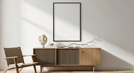 Photo of a minimalist living space showcases a wooden sideboard with a decorative vase and a framed artwork