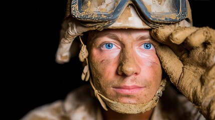 Soldier with dusty goggles intense gaze wearing camouflaged helmet in dark setting