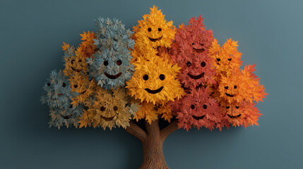 Happy Autumn Tree with Smiling Leaves in Seasonal Colors on Blue Background