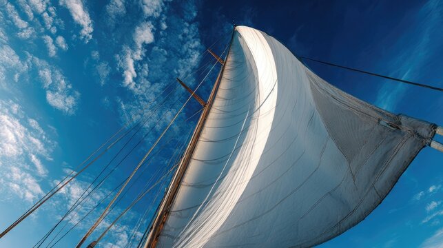 Sailing vessel's white sail billowing in a clear blue sky