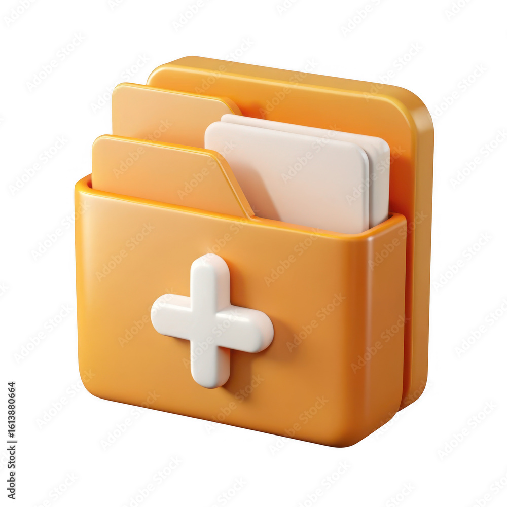 Poster orange folder icon with white plus symbol isolated on transparent background