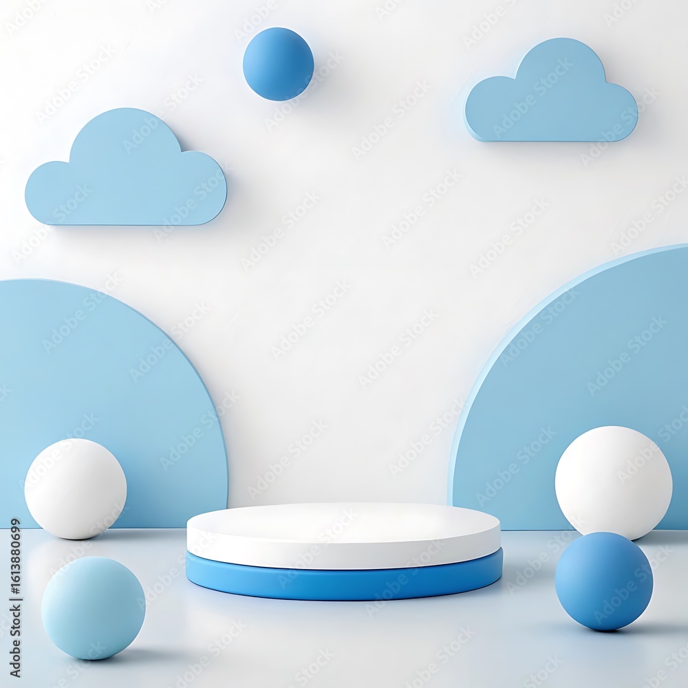 Poster a captivating 3d render showcases a blue and white podium surrounded by geometric shapes, creating a