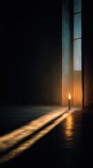 Lone candle casts a long shadow in a dim, aged room near an open window