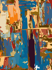 Vibrant abstract painting with overlapping color blocks in deep blue, orange, and red tones—textured canvas with expressive brushstrokes in a contemporary style