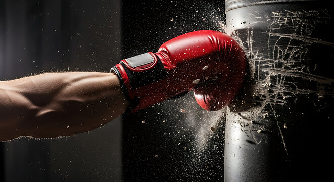 Close-up of a Boxer's Hand Hitting Heavy Bag with Impact