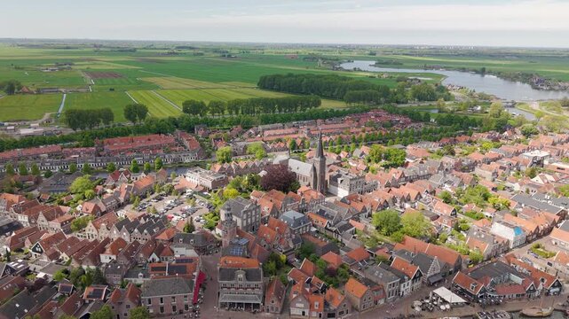 Aerial view of Monnickendam and Purmer Ee Lake in North Holland, The Netherlands