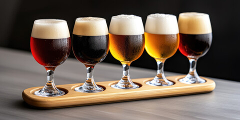 Five glasses of different colored beers are lined up on a wooden tray. Beverage variety tasting, craft drinks, bar experience
