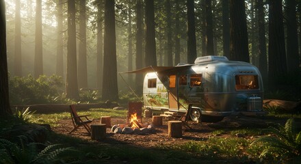 Serene campsite featuring a classic travel trailer and a warm campfire, with golden sunbeams filtering through the tall trees of a lush forest.
