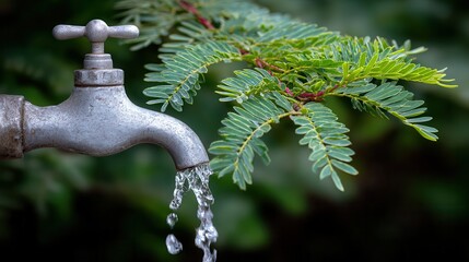 Water conservation: dripping faucet green leaves