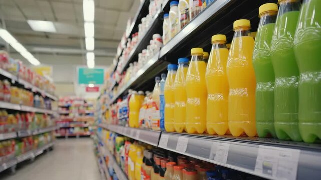 Modern Grocery Store Juice Aisle &ndash; Colorful Beverage Bottles