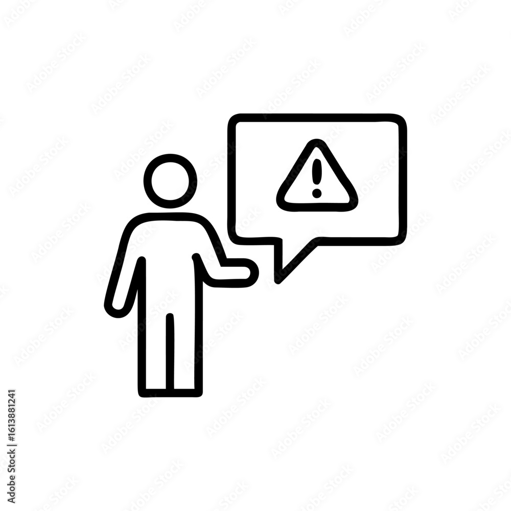 Poster outline icon person with speech bubble containing warning symbol vector
