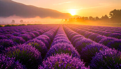 Fototapeta premium Purple Lavender Garden with Sunlight and Morning Fog