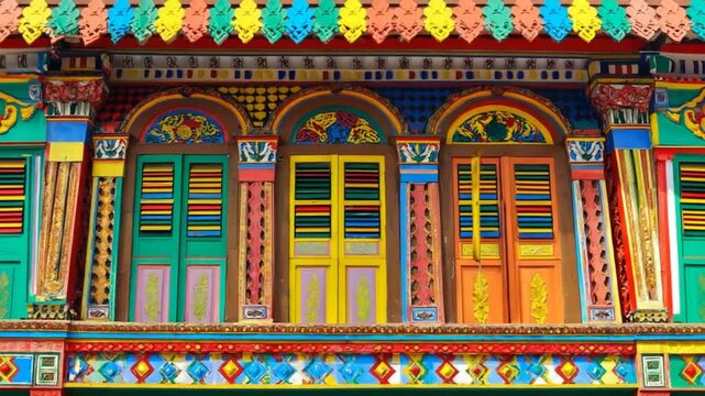 colorful traditional windows little india singapore facade video