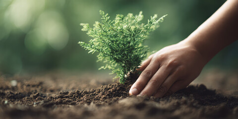 Fototapeta premium A small tree is being planted in soil by a person's hand. Growth and nurturing nature