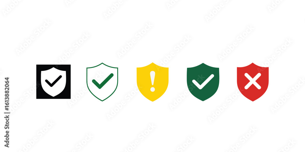 Poster illustrative collection of security shields with varying protection levels symbols conveying differe