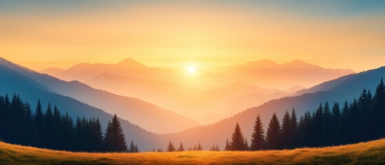 Fototapeta premium A serene mountain landscape at sunrise, featuring soft hues of orange and blue as the sun rises over distant peaks, Ideal for nature-themed projects, travel brochures, or relaxation imagery,