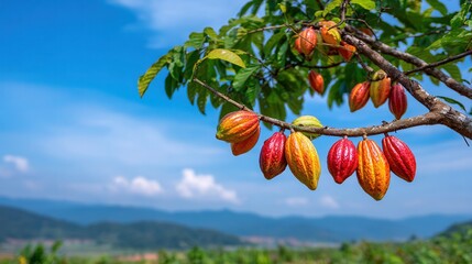 Cacao pods hanging on tree in tropical plantation clear blue sky