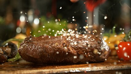 Delicious beef steak on wooden table, close-up
