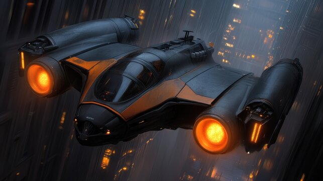 A futuristic spacecraft flies through a neon-lit cityscape at night, with glowing engines and sleek design, Ideal for sci-fi promotions, tech concepts, or artwork in entertainment settings,