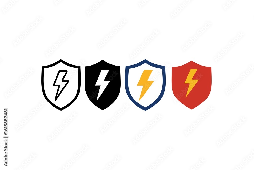 Poster shield icons displaying lightning bolts symbolize protection and power, featuring a variety of desig